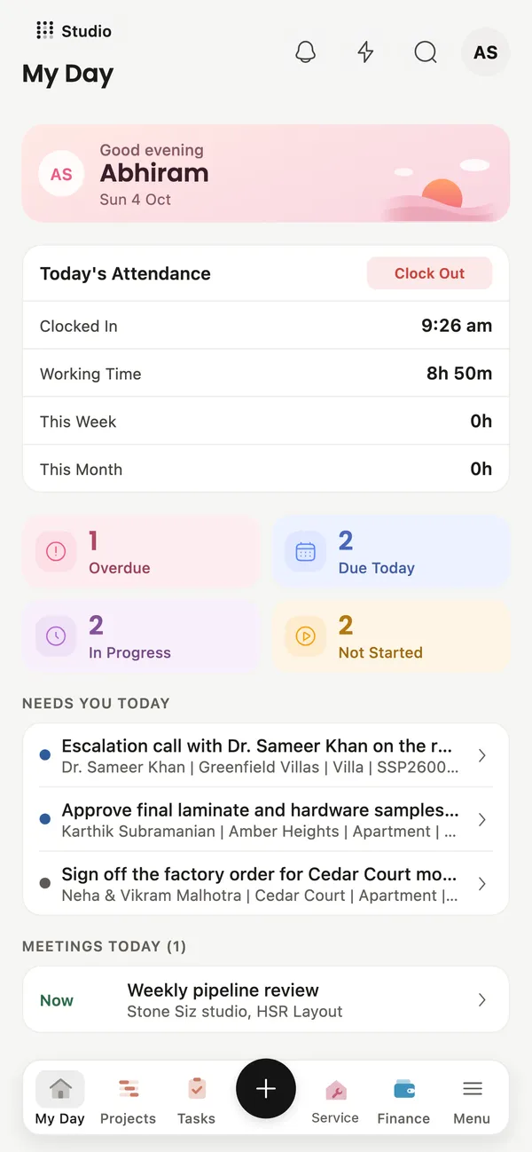 Panzo Mobile My Day screen with attendance, tasks due and today's meetings